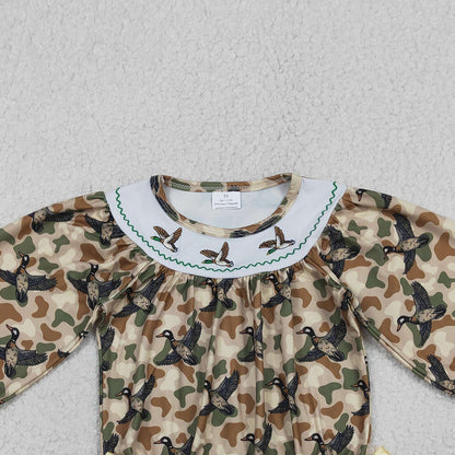 RTS LR2896 Embroidery Ducks Baby Girls Southern Khaki Camo Hunting Ruffle Rompers
