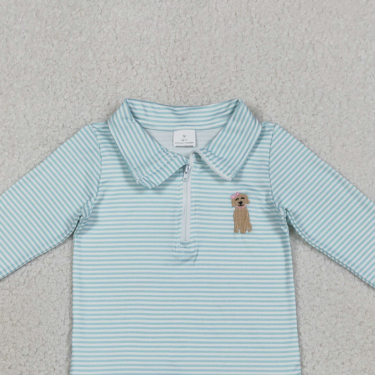 RTS GT1543 Embroidery Bow Dogs Baby Girls Blue Stripe Hunting Zip Ruffle Pullovers Top