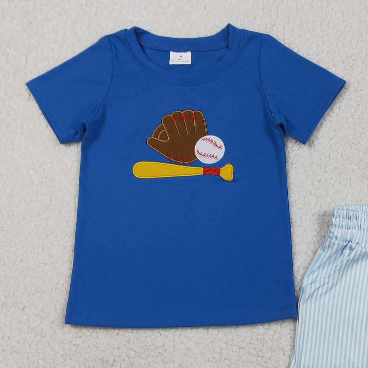 RTS BSSO1670 Embroidery Baseballs Baby Boys Blue Top Pockets Stripe Shorts Team Clothes Sets