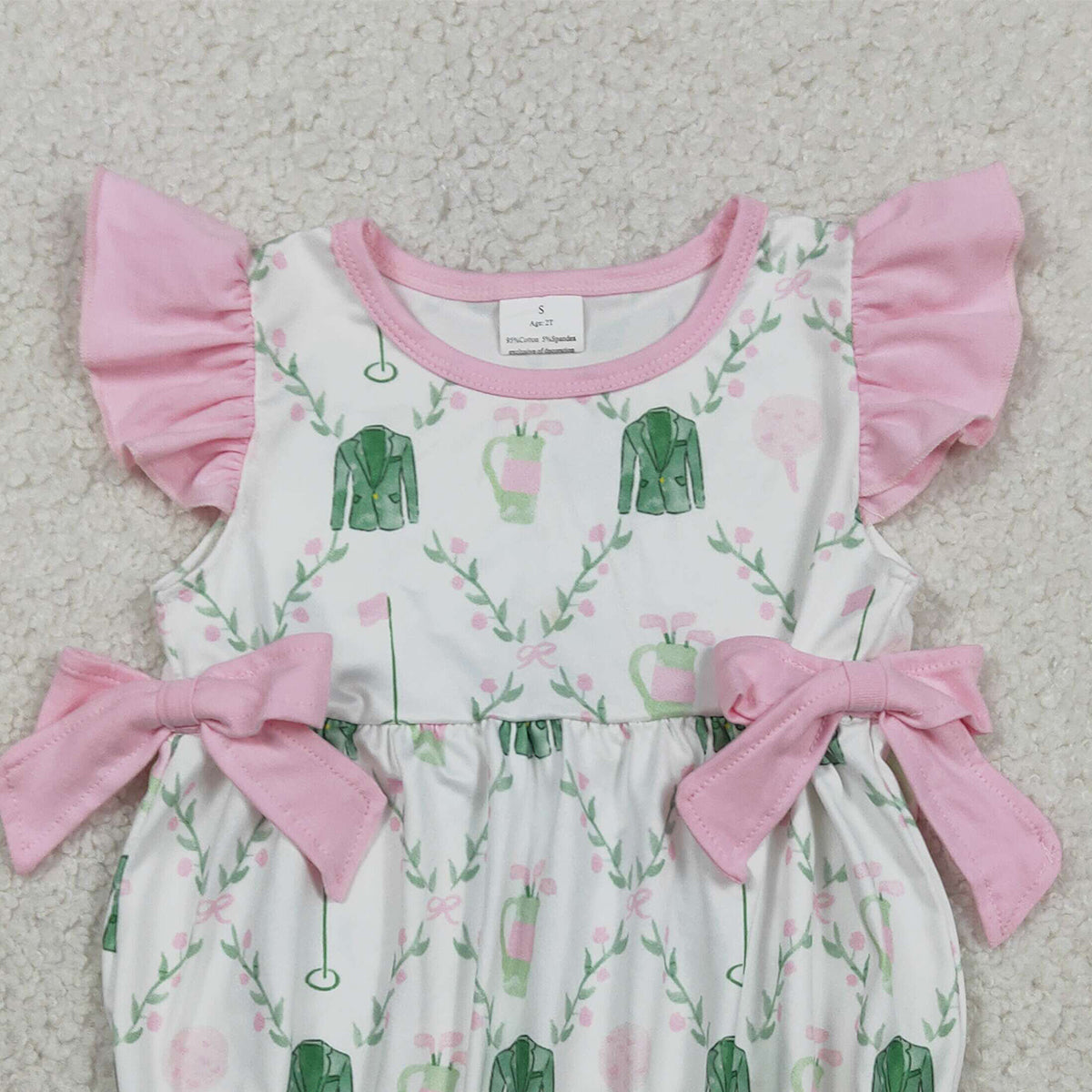 RTS SR3842 Baby Girls Flutter Sleeve Flowers Golf Checked Ruffle Rompers
