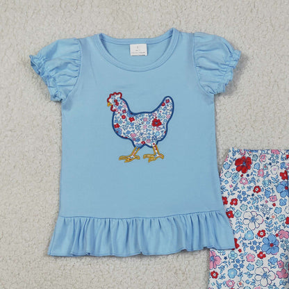 RTS GSPO2261 Kids Summer Top With Long Pants Embroidery Floral Chick Baby Girls Tunic Ruffle Pants Farm Clothes Set