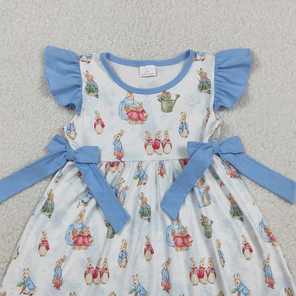 RTS GSD3452 Baby Girls Flutter Sleeve Rabbits Bows Easter Knee Length Dresses