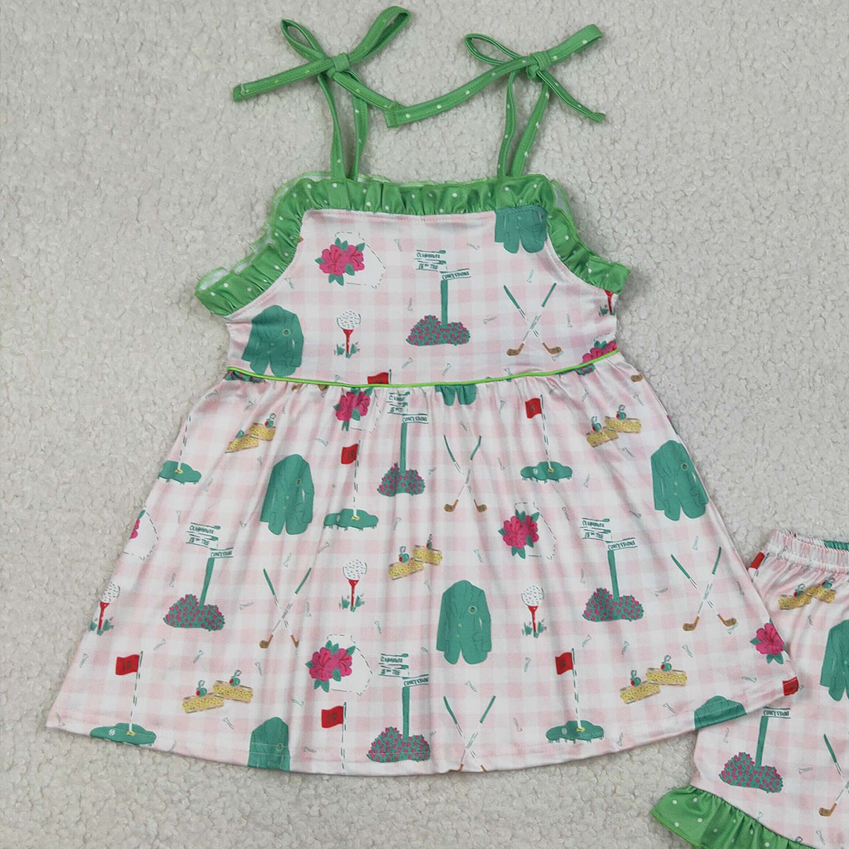 RTS GSSO3099 Baby Girls Strap Pink Checked Golf Flags Tunic Ruffle Shorts Clothes Sets