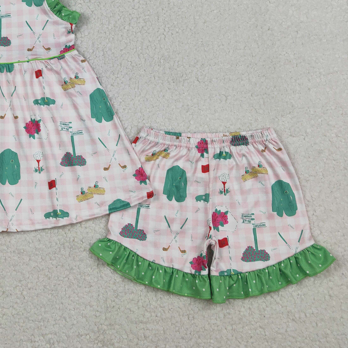 RTS GSSO3099 Baby Girls Strap Pink Checked Golf Flags Tunic Ruffle Shorts Clothes Sets