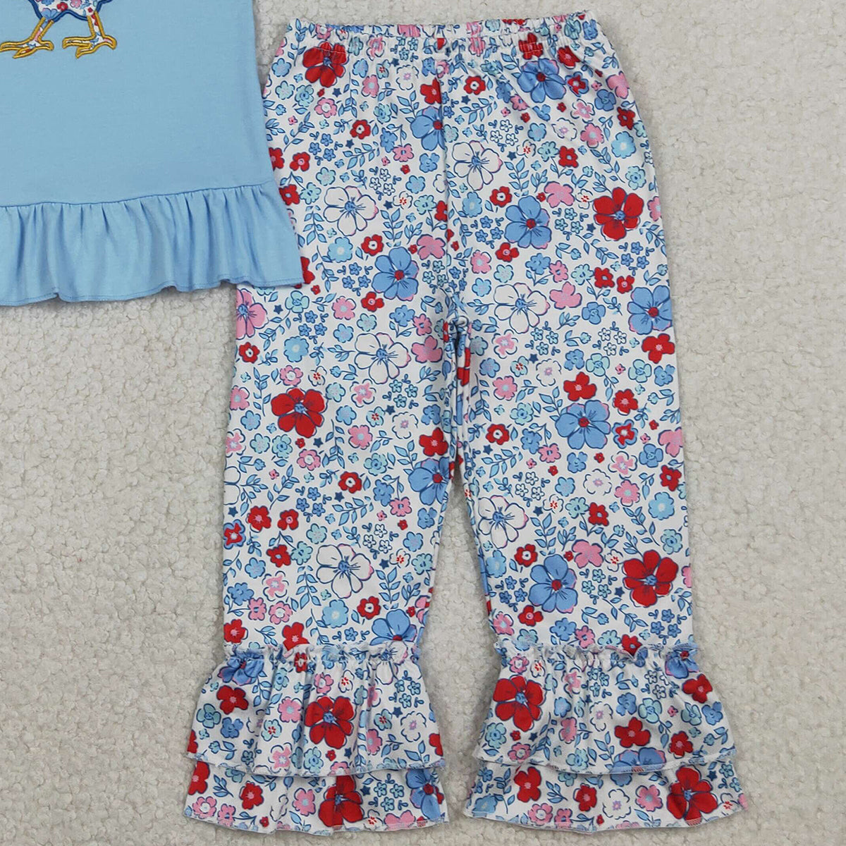 RTS GSPO2261 Kids Summer Top With Long Pants Embroidery Floral Chick Baby Girls Tunic Ruffle Pants Farm Clothes Set