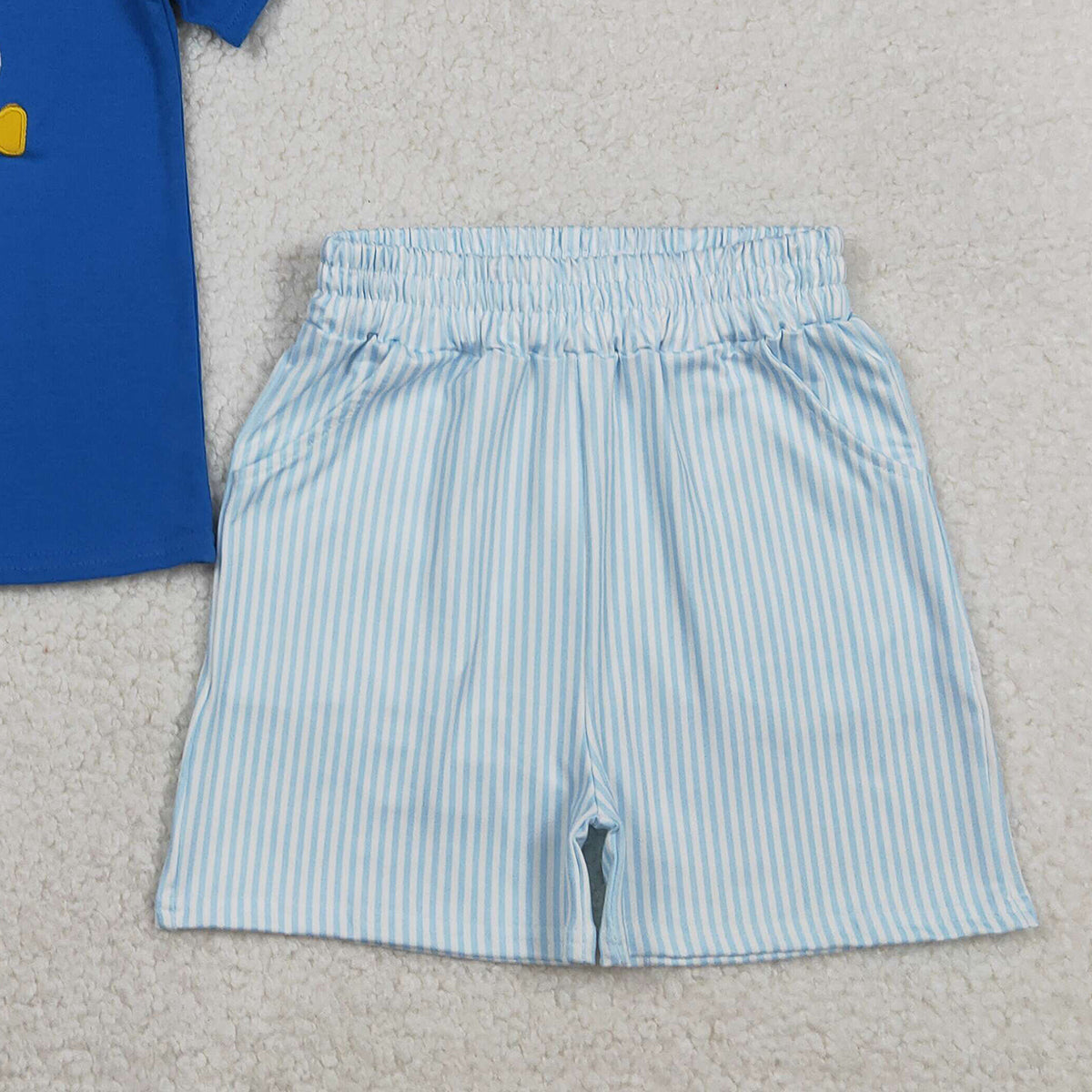 RTS BSSO1670 Embroidery Baseballs Baby Boys Blue Top Pockets Stripe Shorts Team Clothes Sets