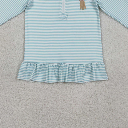 RTS GT1543 Embroidery Bow Dogs Baby Girls Blue Stripe Hunting Zip Ruffle Pullovers Top