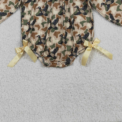 RTS LR2896 Embroidery Ducks Baby Girls Southern Khaki Camo Hunting Ruffle Rompers