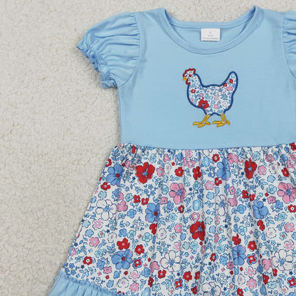 RTS GSD3418 Embroidery Floral Chick Baby Girls Farm Ruffle Knee Length Dresses