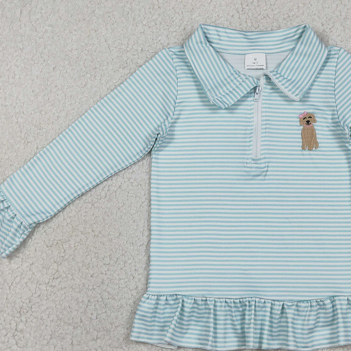 RTS GT1543 Embroidery Bow Dogs Baby Girls Blue Stripe Hunting Zip Ruffle Pullovers Top