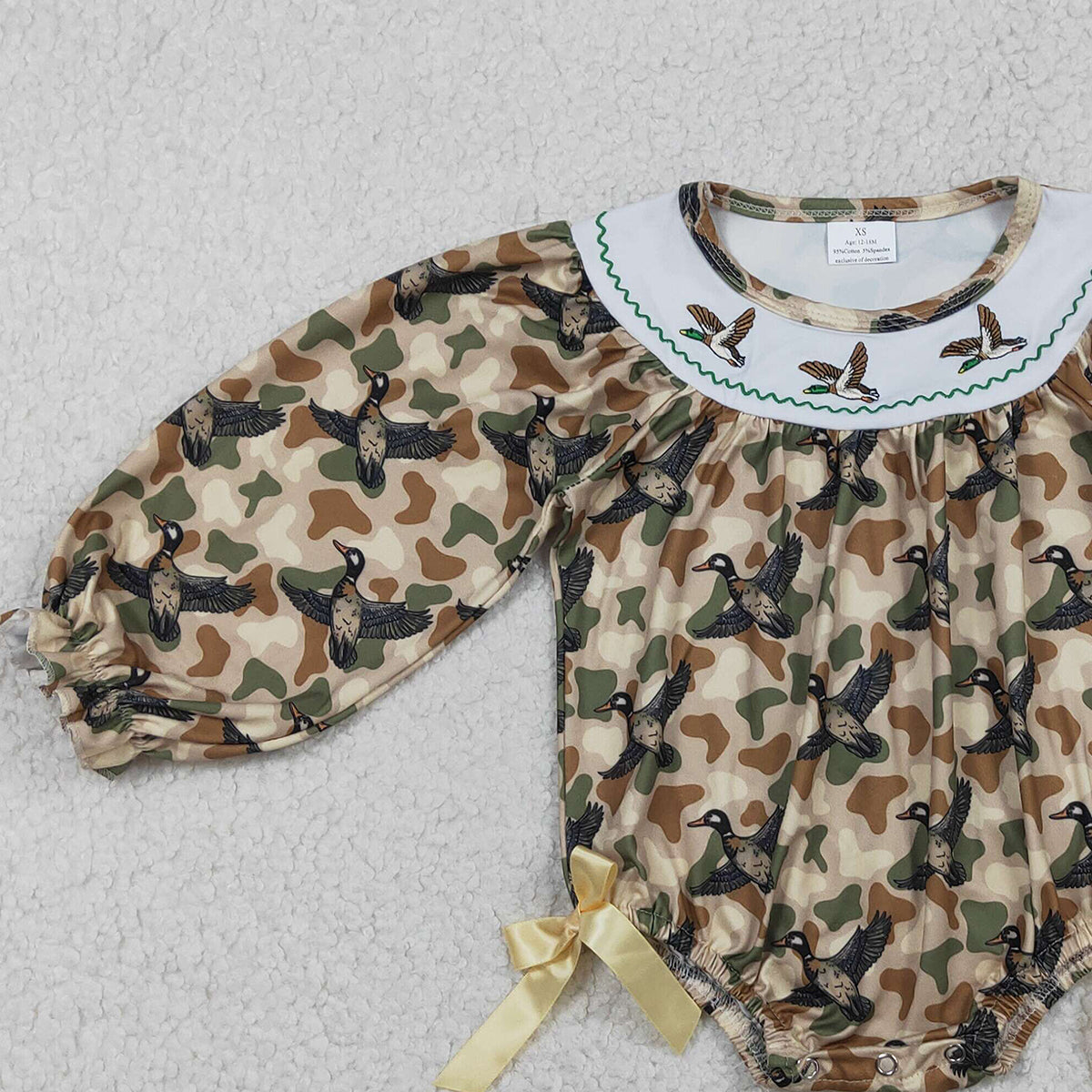 RTS LR2896 Embroidery Ducks Baby Girls Southern Khaki Camo Hunting Ruffle Rompers