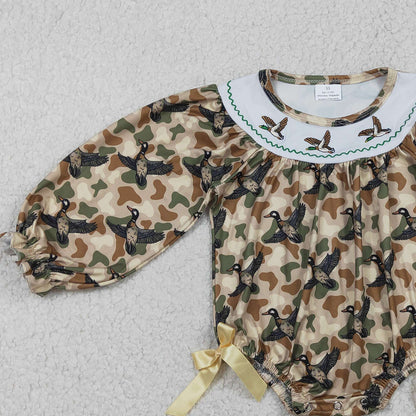 RTS LR2896 Embroidery Ducks Baby Girls Southern Khaki Camo Hunting Ruffle Rompers