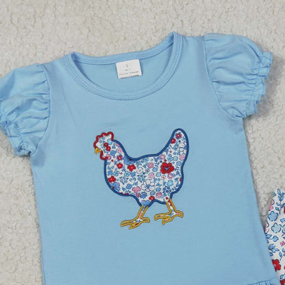 RTS GSPO2261 Kids Summer Top With Long Pants Embroidery Floral Chick Baby Girls Tunic Ruffle Pants Farm Clothes Set