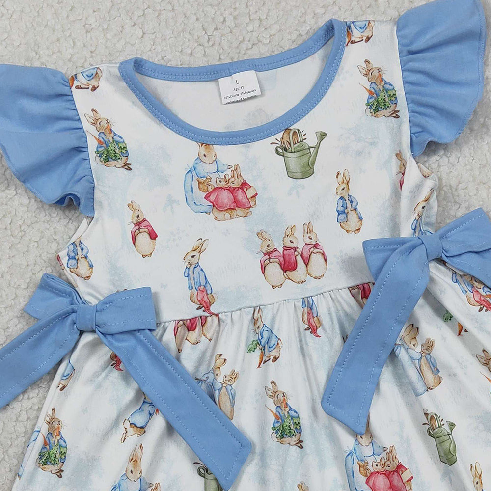 RTS GSD3452 Baby Girls Flutter Sleeve Rabbits Bows Easter Knee Length Dresses