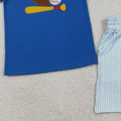 RTS BSSO1670 Embroidery Baseballs Baby Boys Blue Top Pockets Stripe Shorts Team Clothes Sets