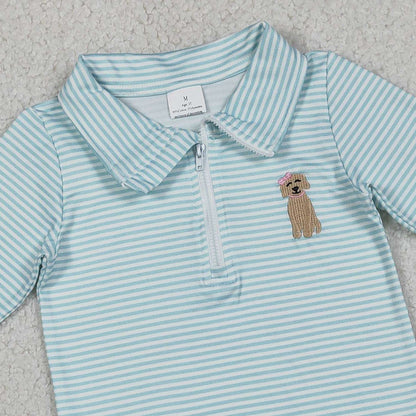 RTS GT1543 Embroidery Bow Dogs Baby Girls Blue Stripe Hunting Zip Ruffle Pullovers Top