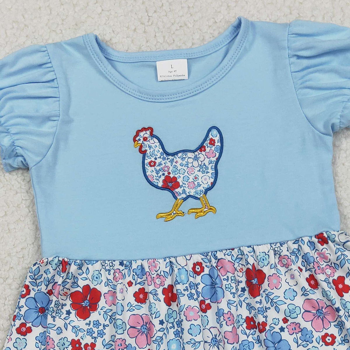 RTS GSD3418 Embroidery Floral Chick Baby Girls Farm Ruffle Knee Length Dresses