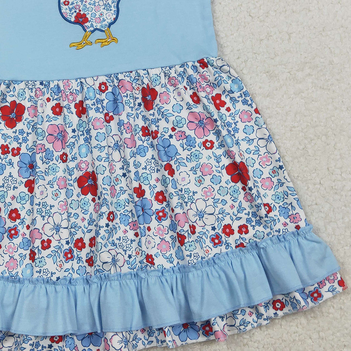 RTS GSD3418 Embroidery Floral Chick Baby Girls Farm Ruffle Knee Length Dresses