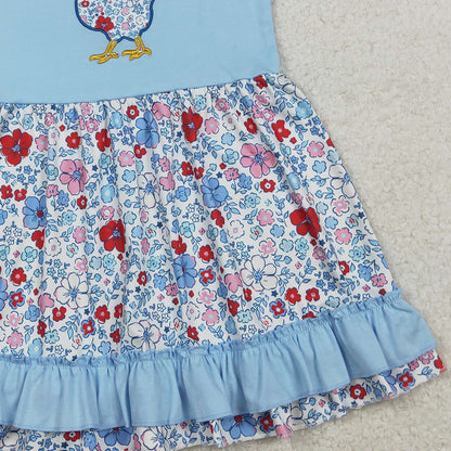 RTS GSD3418 Embroidery Floral Chick Baby Girls Farm Ruffle Knee Length Dresses