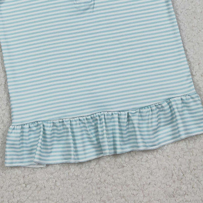 RTS GT1543 Embroidery Bow Dogs Baby Girls Blue Stripe Hunting Zip Ruffle Pullovers Top