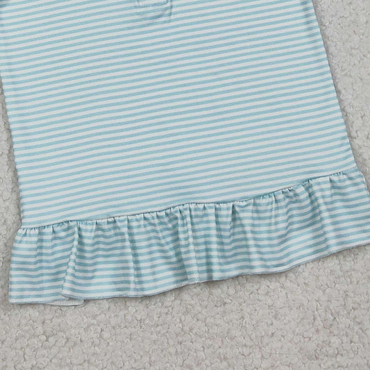 RTS GT1543 Embroidery Bow Dogs Baby Girls Blue Stripe Hunting Zip Ruffle Pullovers Top