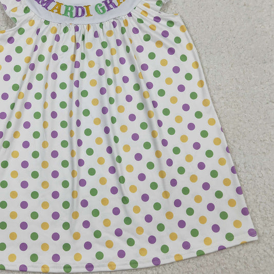 RTS GSD3122 Embroidery Mardi Gras Baby Girls Flutter Sleeve Polka Dots Knee Length Dresses