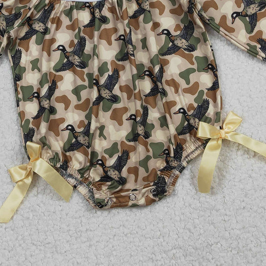 RTS LR2896 Embroidery Ducks Baby Girls Southern Khaki Camo Hunting Ruffle Rompers
