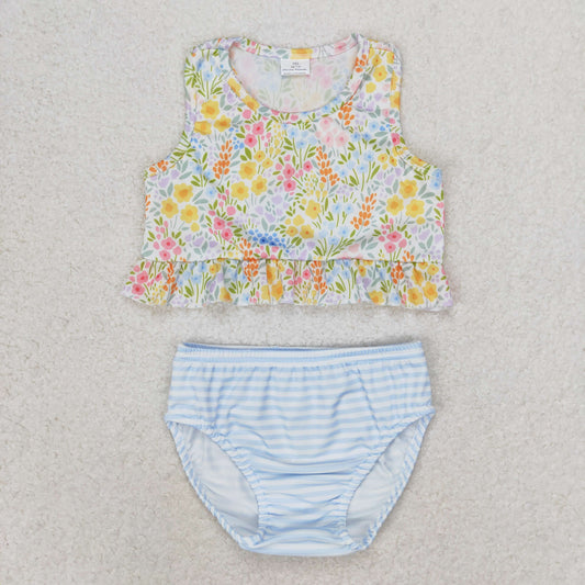 S0414 Floral floral blue striped swimsuit