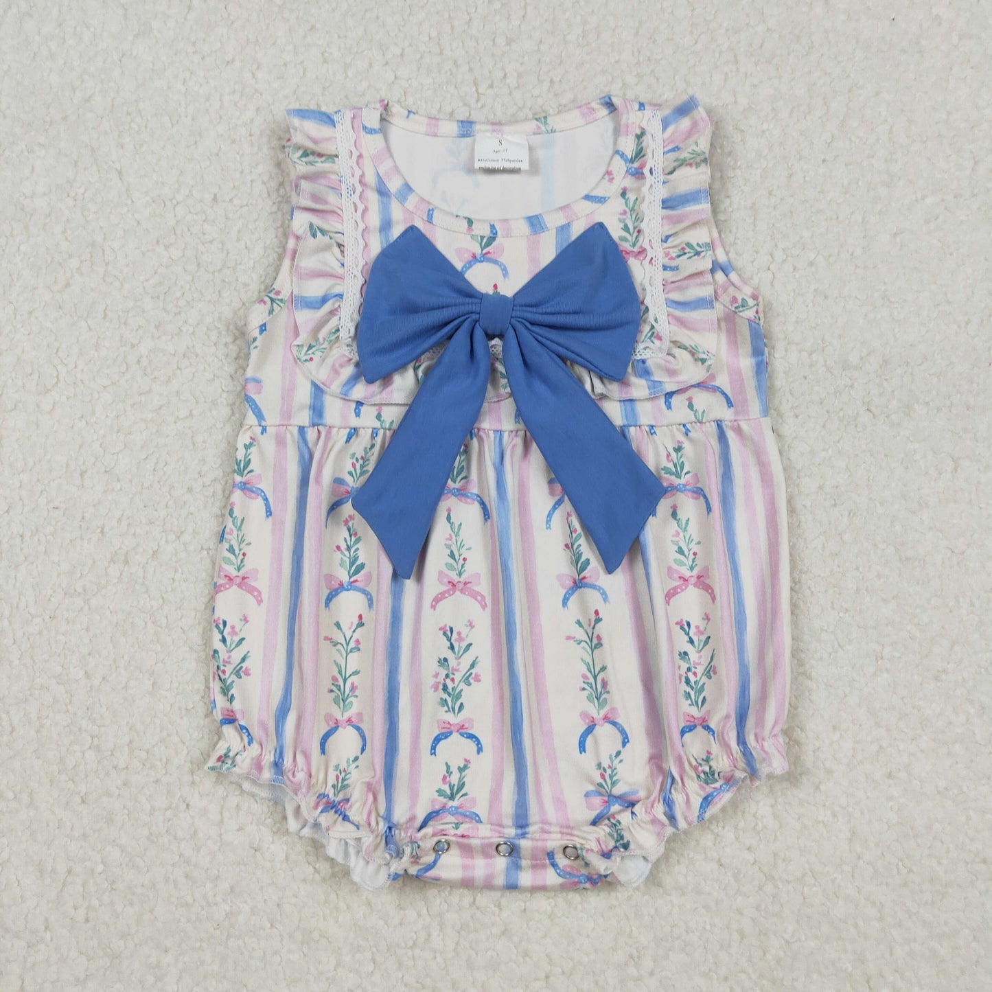 SR3045 Baby Girls Floral Stripe Blue Bow Ruffle Romper C10.16