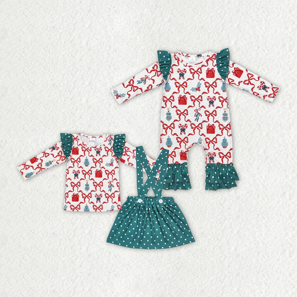 Sibling Baby Girls Christmas Bows Gifts Skirt Rompers Clothes Sets