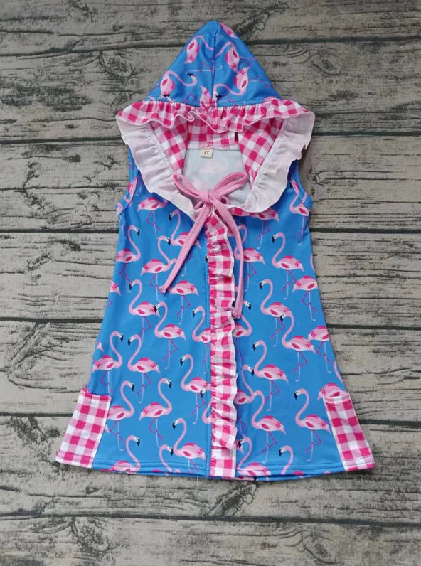 4.14 Custom Baby Girls Sleeveless Flamingo Zipper Pockets Hoodies Knee Length Dress(MOQ 3)