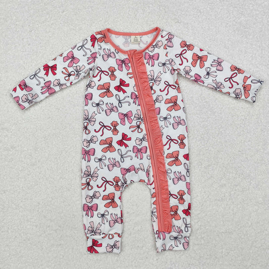 LR1905 Baby Infant Girls Valentines Pink Bows Bamboo Long Sleeve Romper