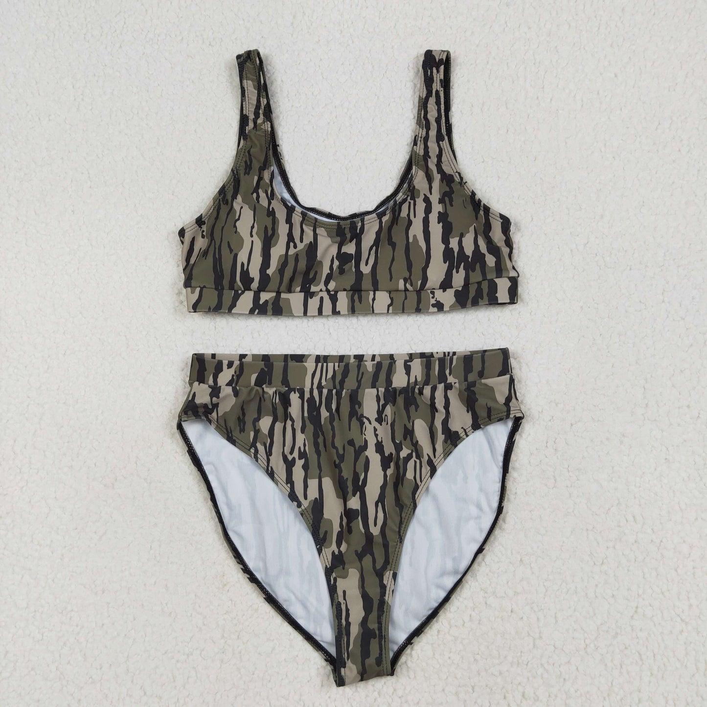S0562 Adult Women Green Camo Top Bottom Swimsuits Set