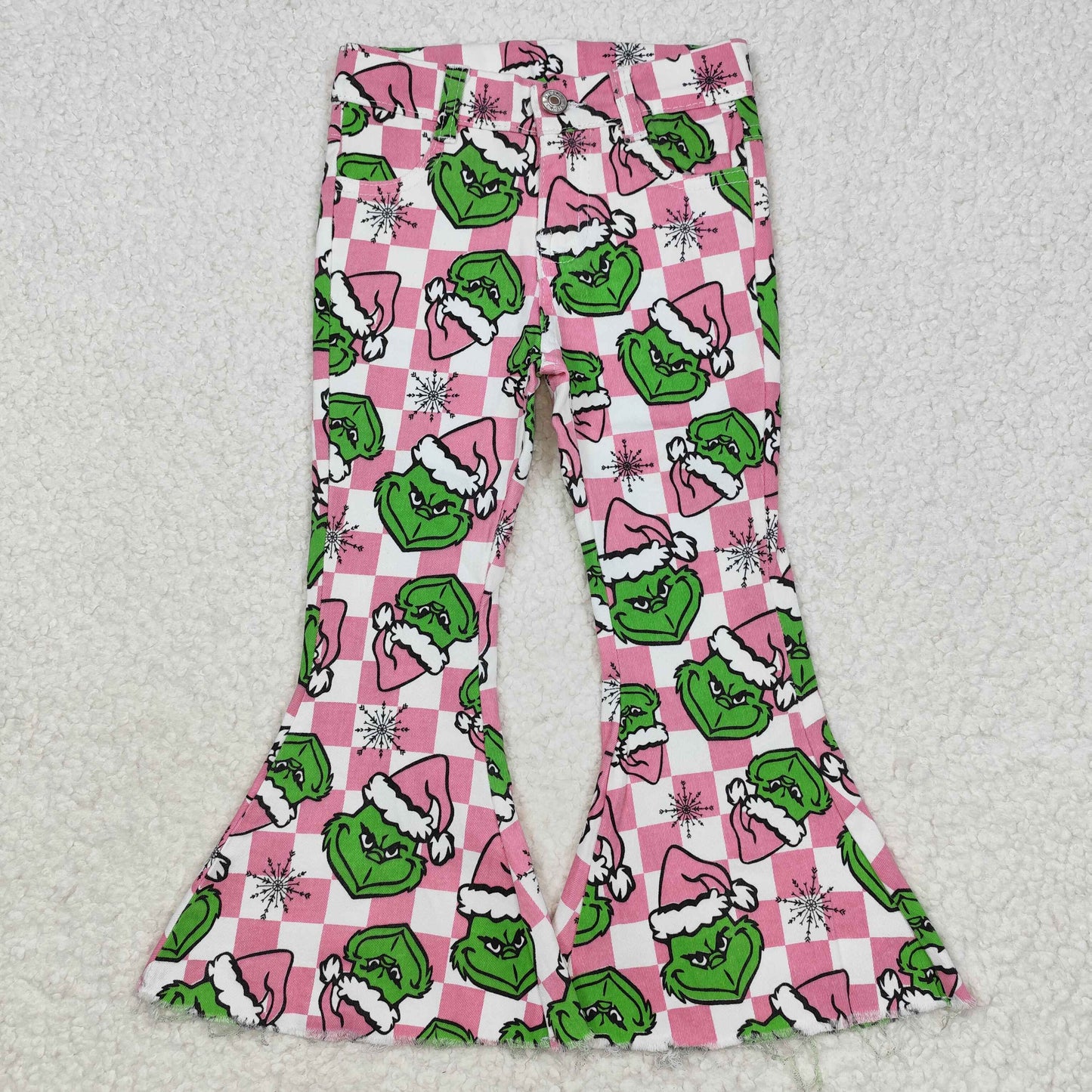 P0483 Christmas Girl Snowflake pink plaid denim pants