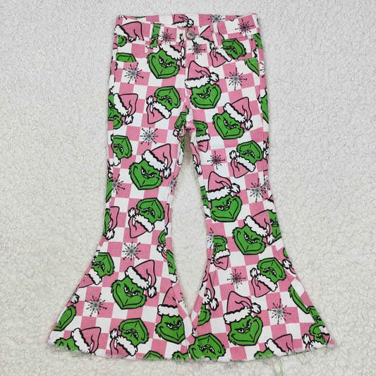 P0483 Christmas Girl Snowflake pink plaid denim pants