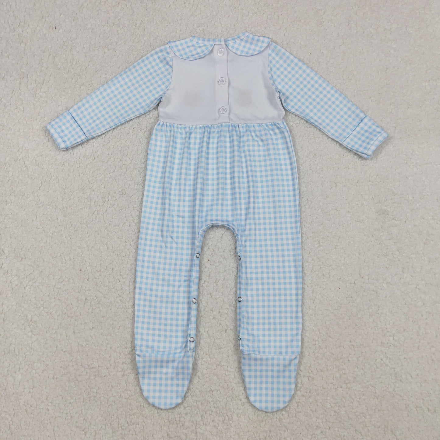 LR2561 Embroidery Baby Girls Light Blue Plaid Pumpkins Turkey Fall Footed Romper C9.25