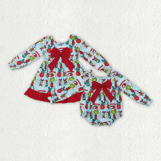 Sibling Baby Girls Green Faces Miss Lights Bows Ruffle Christmas Knee Length Dresses C9.30