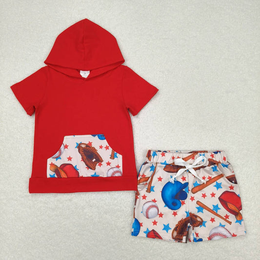 BSSO0704 Baseball Star pocket red hooded short-sleeved shorts set