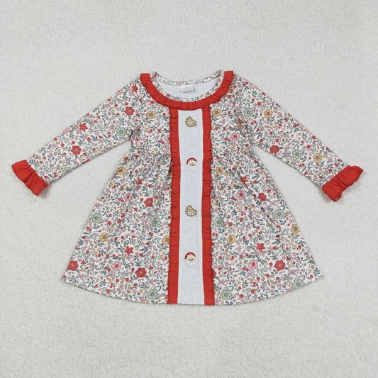 GLD1062 Embroidery Baby Girls Long Ruffle Sleeves Orange Floral Santa Cakes Knee Length Dress C9.6