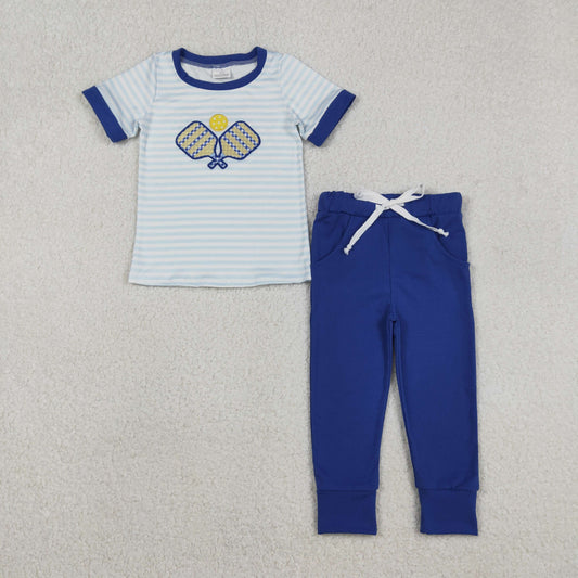 BSPO0614 Embroidery Baby Boys Stripe Tennis Top Pockets Leggings Clothes Set C11.27