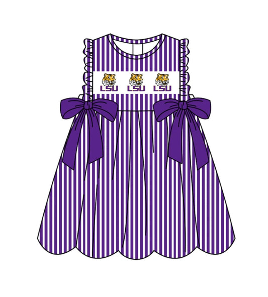 C11.28 Custom Moq 5 Baby Girls Sleeveless Purple Stripe LSU Tigers Bows Team Knee Length Dresses