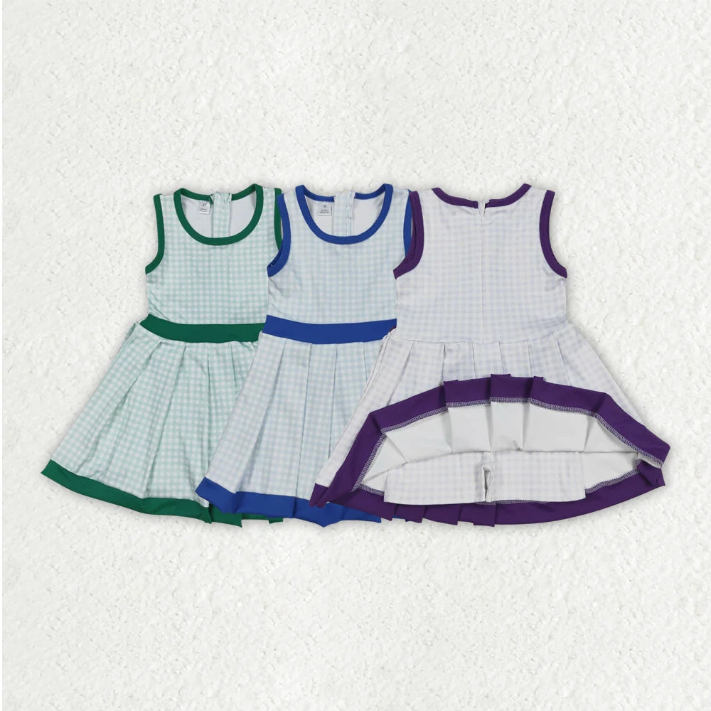 Sibling 3 Colors Baby Girls Plaid Sleeveless Ruffle Short Yoga Knee Length Dresses  C8.14