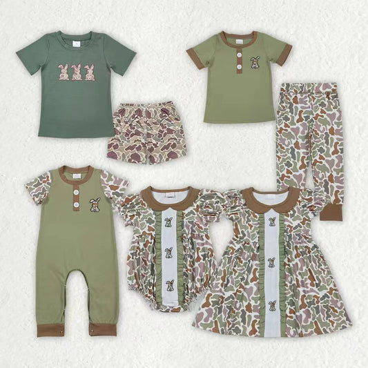 Sibling Baby Boys Girls Embroidery Camo Rabbits Shorts Pants Easter Clothes Sets Rompers C12.2