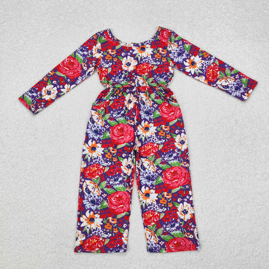 LR1835 Baby Girls Red Purple Flowers Long Sleeve Fall Jumpsuit