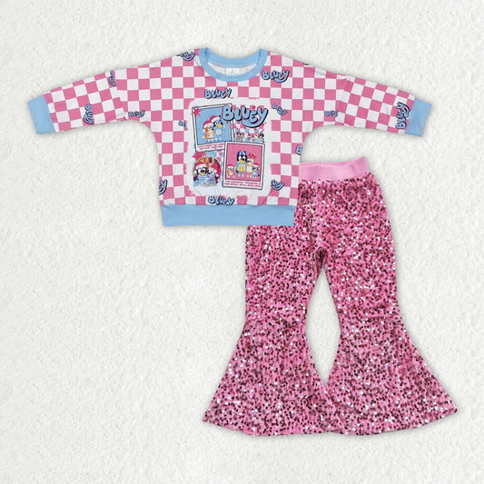 GT0732+D5-27 Baby Girls Christmas Dog Shirt Pink Sequin Bell Pants Clothes Set