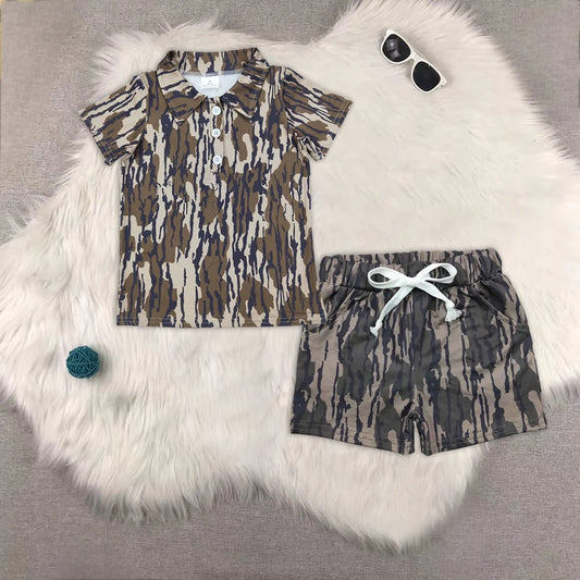 BT1207+SS0201 Baby Boys Short Sleeves Western Bottonland Camo Button Pullover Top Pockets Shorts Set 4.24