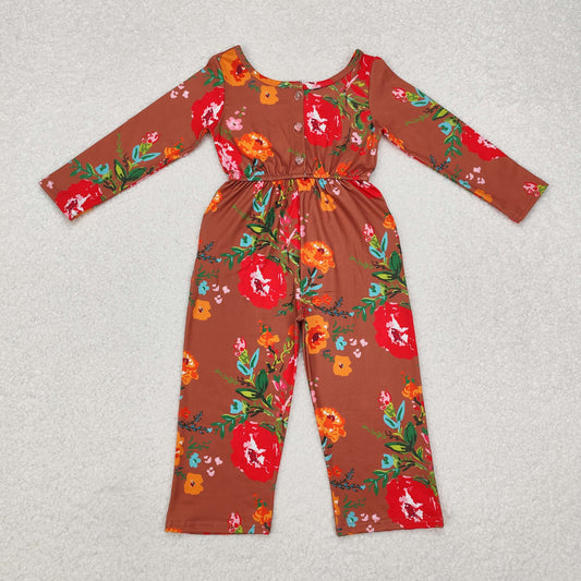 LR1834 Baby Girls Brown Red Flowers Long Sleeve Fall Jumpsuit