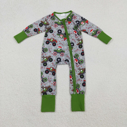 LR2669 Baby Boys Trucks Candy Cane Christmas Zipper Footie Romper C11.3