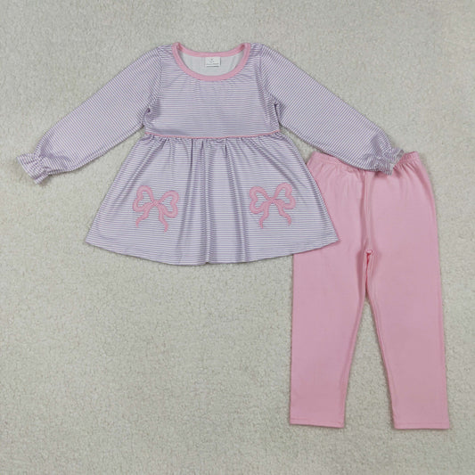GLP2696 Embroidery Baby Girls Lavender Stripe Bows Tunic Legging Pant Set C10.8