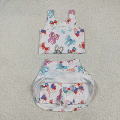 GSD2046 Baby Girls Colorful Hero Bows Athletic Active Wear Top Shorts Skirts Clothes Set 5.8